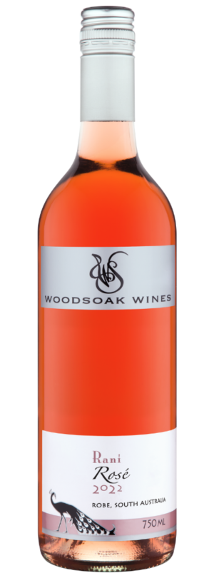 Clear glass bottle with rosé coloured wine in. The bottle has a silver top and label with another white label with Rani Rosé 2022 printed on it and a picture of the Woodsoak Wines peacock