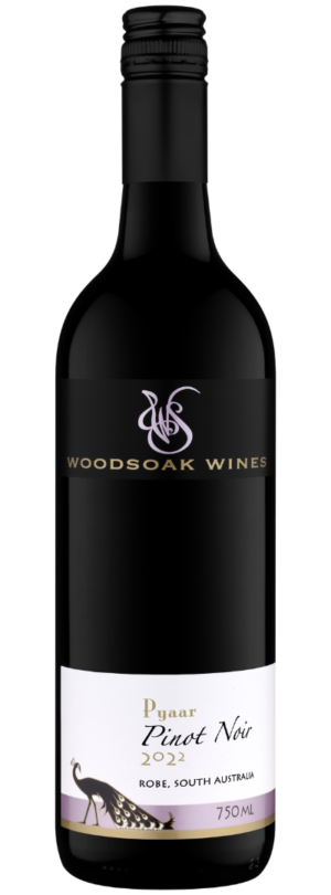 A dark coloured bottle of red pinot noir wine from Woodsoak Wines 2022 vintage