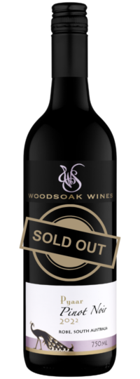 Bottle of Woodsoak Wines Pyaar Pinot Noir with a gold Sold Out stamp across the middle