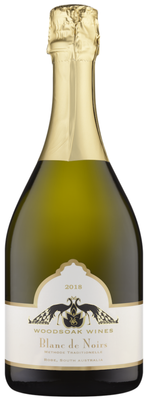 A green opaque bottle with a gold foil top and white label with the Woodsoak Wines label on the front