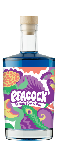 A bottle of Woodsoak Peacock Gin with vibrant blue gin and coloured label