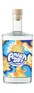 A gin bottle with a colourful blue, yellow and orange label with the words Amara Dry Gin