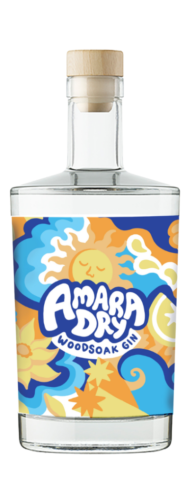 A gin bottle with a colourful blue, yellow and orange label with the words Amara Dry Gin