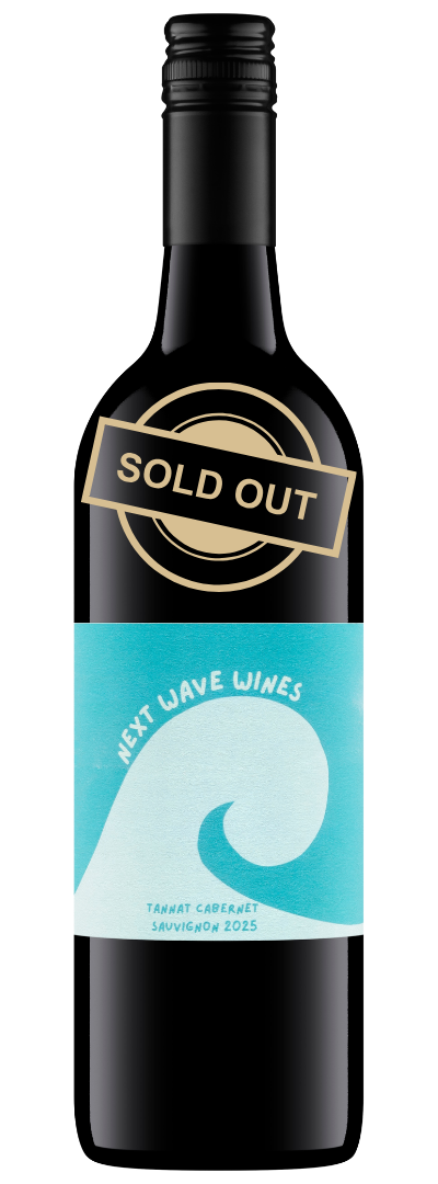 A bottle of Next Wave Tannat Cabernet Sauvignon with a blue label and gold Sold Out label
